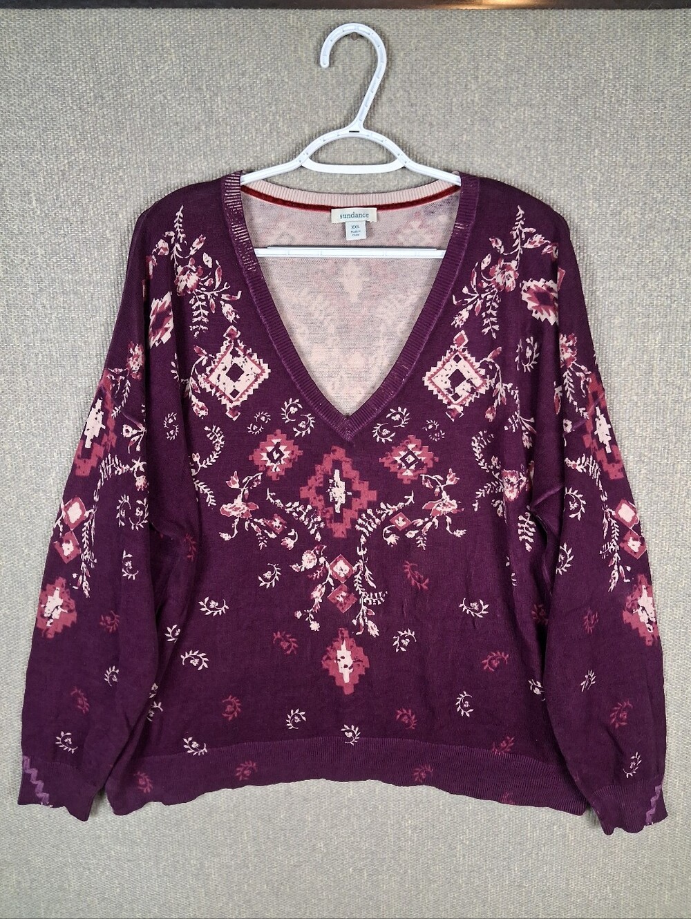Sundance Glissade V-Neck Pullover Sweater Size XXL Plum Purple Geometric Boho